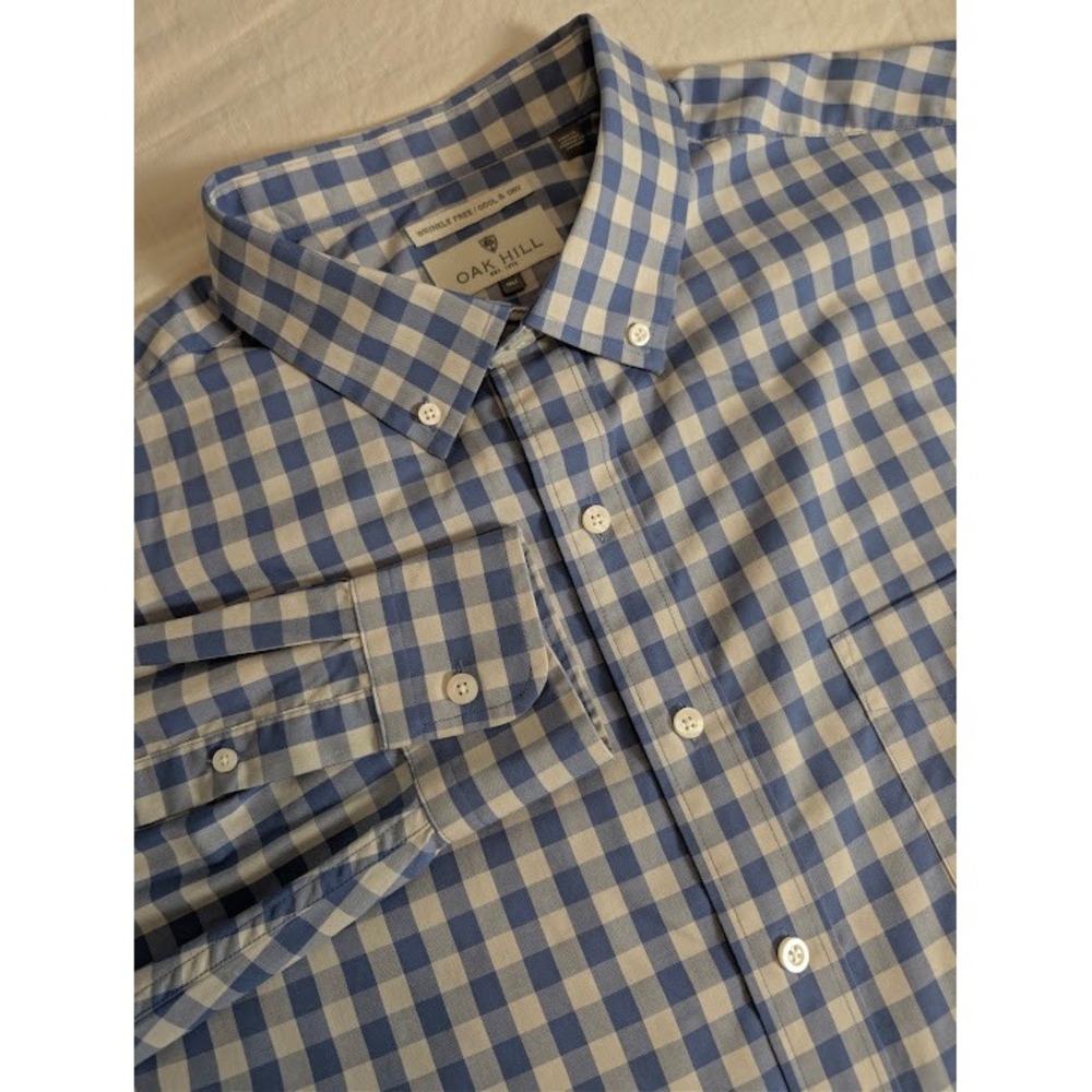 Oak Hill Button Down Shirt Mens 1XLT Blue Tan Gingham Check Cool & Dry Cotton